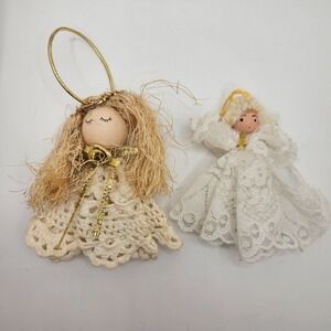Vintage Handmade Angel Christmas‎ Ornaments Lot of 2 Crochet Lace Wood Head